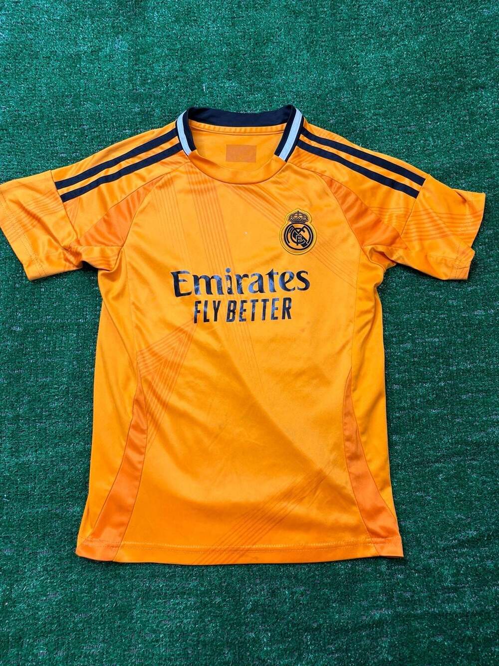 Adidas Real Madrid 2024-25 Away Youth Soccer Jersey Orange Emirates Fly Better
